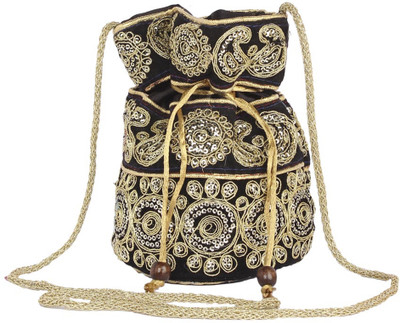 

Aliado Velvet Embellished Black And Gold Coloured Potli Bag P82V709 Potli(Black)