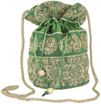 

Aliado Velvet Embellished Green And Gold Coloured Potli Bag P78V709 Potli(Green)