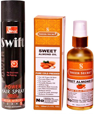 

SIMCO SWIFT HAIR SPRAY 250 ML with SHEER SECRET PURE COLD PRESSED SWEET ALMOND OIL 100 ML(Set of 2)