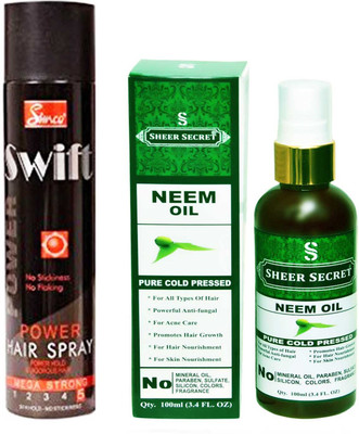 

SIMCO SWIFT HAIR SPRAY 250 ML with SHEER SECRET PURE COLD PRESSED NEEM OIL 100 ML(Set of 2)