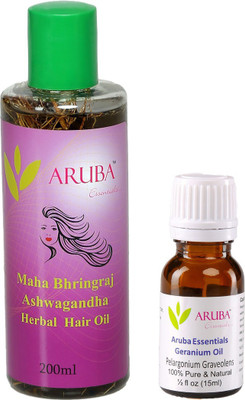 

Aruba Essentials Maha Bhringraj - Ashwagandha 200 ml & 15 ml Geranium Herbal(Set of 2)