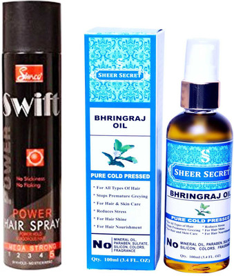 

SIMCO SWIFT HAIR SPRAY 250 ML with SHEER SECRET PURE COLD PRESSED BHRINGRAJ OIL 100 ML(Set of 2)