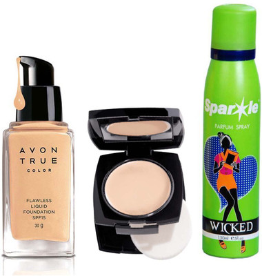 

Avon Anew one True Color Flawless Liquid Foundation SPF15 30g (Cream Beige) with one true color flawless mattifying pressed powder 11g (neutral fair) With one sparkle perfume spray 150 ml(Set of 3)