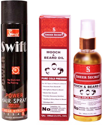 

SIMCO SWIFT HAIR SPRAY 250 ML with SHEER SECRET PURE COLD PRESSED MOOCH OIL 100 ML(Set of 2)