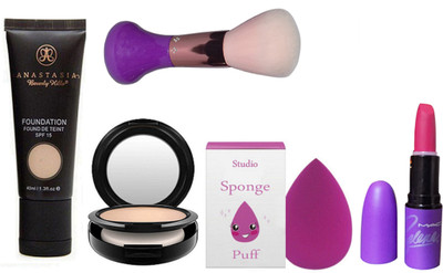 

studio Of Sponge Puff And Makeup Brush with Anastasia Beverly Hills Fond De Teint SPF 15 Foundation With S.Fix Compact & Selena Matte Finish Long Lasting Lisptick(Set of 5)