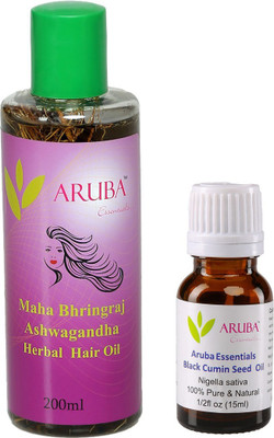 

Aruba Essentials Maha Bhringraj - Ashwagandha 200 ml & 15 ml Black Cumin Seed Herbal(Set of 2)