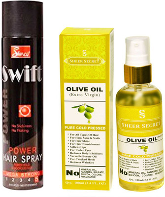 

SIMCO SWIFT HAIR SPRAY 250 ML with SHEER SECRET PURE COLD PRESSED OLIVE OIL 100 ML(Set of 2)