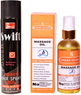 

SIMCO SWIFT HAIR SPRAY 250 ML with SHEER SECRET PURE COLD PRESSED MASSAGE OIL 100 ML(Set of 2)