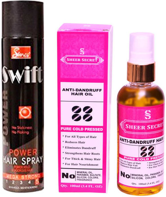 

SIMCO SWIFT HAIR SPRAY 250 ML with SHEER SECRET PURE COLD PRESSED ANTI DANDRUFF OIL 100 ML(Set of 2)