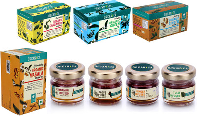 Organica Tea & Honey Combo Combo(ORGANIC MASALA GREEN TEA- 25 pcs, GINGER GREEN TEA BAG- 25 pcs, CARDAMOM GREEN TEA BAG- 25 pcs, ORGANIC GREEN TEA BAG- 25 pcs & INFUSED HONEY (PACK OF 4)- 30gm each)