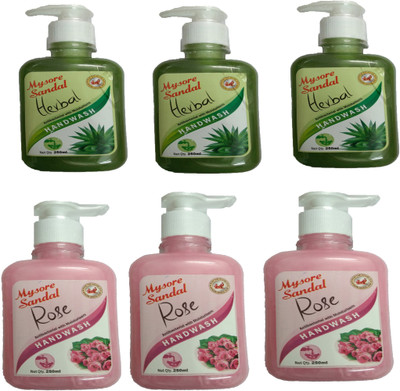 Mysore Sandal HERBAL HAND WASH 250 ML +ROSE HAND WASH 250 ML(250 ml, Pump Dispenser, Pack of 6)