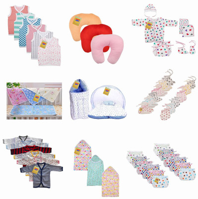 

Fareto New Born Baby Combo Pack Of 9 Daily Needs Items In A Single Packet/6 Vest/3 Pillows/1 Baby Suit/4 Sheets/1 Mosquito Net/1 Sleeping Bag/6 Pair Of Socks & Mittens/6 Shirts/3 Blankets/12 Nappies(0-6 Months)(Multicolor)