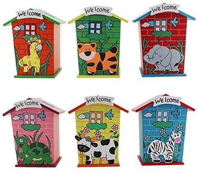 Abaj Wood House Animal Designs Piggy Bank(Pack Of 6)(Multicolor)