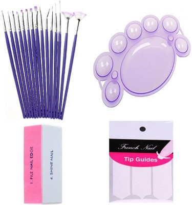 

Royalkart Combo Deal Of 15 Pcs Nail Art Brush Set, Finger Tip Guide, Nail Paint Mixing Palette & 4 Way Colourful Nail Art Buffer(Multi)