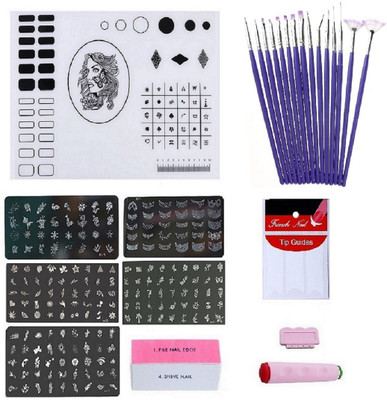 

Royalkart Mega Combo Kit Of Nail Art Tools 3D Nail Art Stamping Image Plates (TO Plate), Double-Sided Stamper & Metal Scraper,, 15pcs Nail Art Brush Set, Nail Buffer, Nail Strips & Nail Art Silicone Soft Foldable Washable Stamp Mat (Multicolor)(multi)
