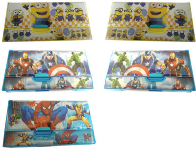

kaykon 5 SuperHero Pencil Box Return Birthday Gifts For Boys With 4 Drawers - 24cm X 11cm X 3 Cm Cartoon Characters Art Plastic Pencil Boxes(Set of 5, Multicolor)