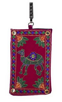 

Unique Fashion Ethnic Embroidered Mirror Design Pink Velvet Mobile Pouch With Waist Clip For Girls / Women’s Mobile Pouch(Pink)