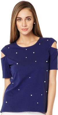 Miss Chase Casual Half Sleeve Embellished Women Blue Top
