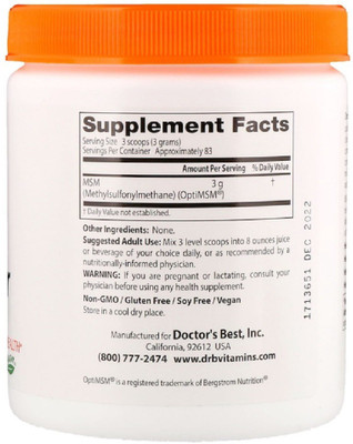 

Doctor's Best Doctor's Best, MSM Powder with OptiMSM,(250 g)