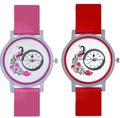 

FabSale Best Designer MultiColor PU Strap Stylish Attractive Peacock Printed Round White Dial (Pack Of 2) Latest Analog Wrist Watch - For Women