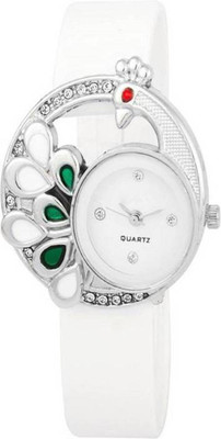 FabSale Best Designer White PU Strap Stylish Attractive Round White Dial Diamond Studded Latest Analog Wrist Watch - For Women
