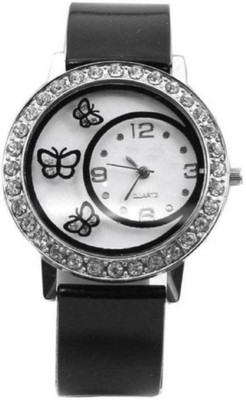 

FabSale Best Designer Black PU Strap Stylish Attractive Round White Dial Diamond Studded Latest Analog Wrist Watch - For Women