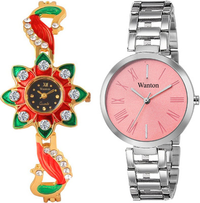 

Wanton 132353 gold attractive and stylish peacock with pink dial stainless steel attarctive combo set for women Watch - For Girls