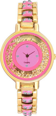 

SPINOZA Golden and Pink color meena kunda crystals on strap and moving diamond in dial watch for women Watch - For Girls