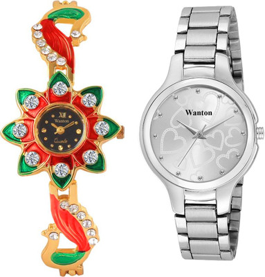 

Wanton K-26 W-70210 golden and green stylish attractive peacock and white dial stainless steel strap uniue combo watch for women Watch - For Girls