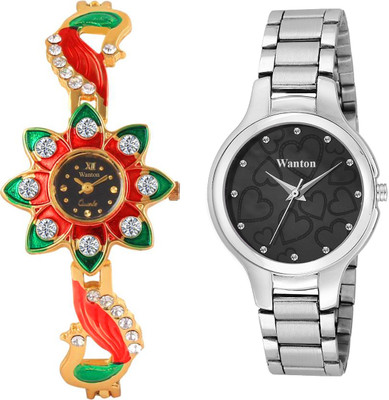 

Wanton K-26 W-70210 golden and green stylish attractive peacock and Black dial stainless steel strap uniue combo watch for women Watch - For Girls