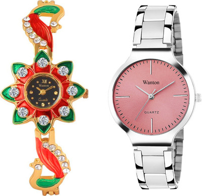 

Wanton K-26 W-44010 golden and green stylish attractive peacock and pink dial stainless steel strap uniue combo watch for women Watch - For Girls