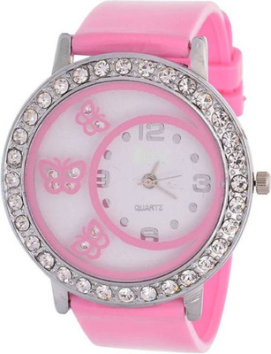 

FabSale Best Designer Pink PU Strap Stylish Attractive Round White Dial Diamond Studded Butterfly Printed Latest Analog Wrist Watch - For Girls