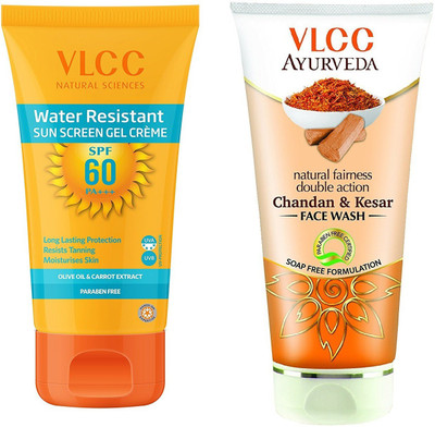 

VLCC Water resistant Spf60 sunscreen gel cream 100gm + Chandan & Kesar face wash 100ml(Set of 2)