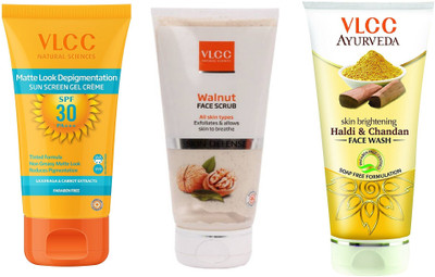 

VLCC Matte look depigmentation sunscreen gel cream SPF 30 50gm + Walnut scrub 80gm + Haldi chandan Fcae wash 100ml(Set of 3)