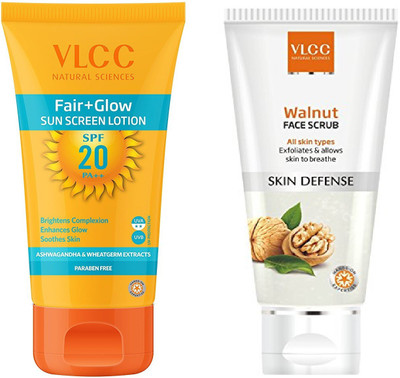 

VLCC Fair glow sun screen Lotion spf 20 50ml + Walnut scrub 80gm(Set of 2)
