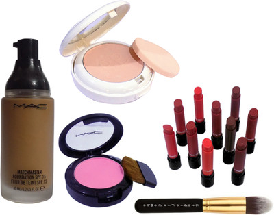 

Studio fix combo Makeup brush&Mac Match Master Foundation,Lightful Marine Bright Formula SPF25 Compact,Pink Blusher,liptensity lipstick Rouge A Levres set 10(Set of 14)