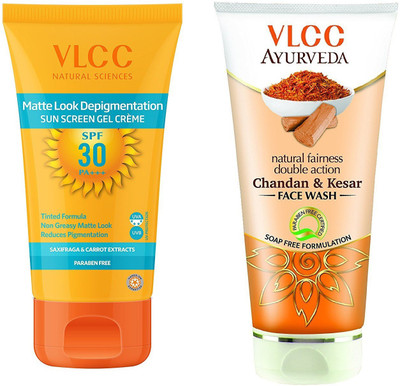 

VLCC Matte look depigmentation sunscreen gel cream SPF 30 50gm + Chandan & Kesar face wash 100ml(Set of 2)
