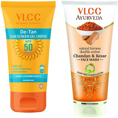 

VLCC De tan Spf 50 Sunscreen gel cream 100gm + Chandan & Kesar face wash 100ml(Set of 2)