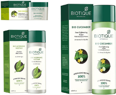 

BIOTIQUE BIO Morning Nectar Flawless Skin Moisturizer, Coconut Whitening & Brightening Cream, Cucumber Pore Tightening Toner(Set of 3)