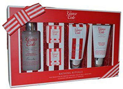 

Grace Cole Frosted Cherry & Vanilla Bathing Rituals Gift Set. Set Contains: 100Ml Foam Bath, 75Ml Body Wash, 75Ml Body Lotion, 2 X 25G Bath Fizzers(Set of 4)