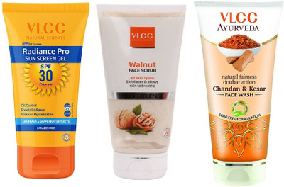 VLCC Radiance Pro SPF30 Sunscreen and Walnut Face scrub and Chandan & Kesar Facewash(3 Items in the set)