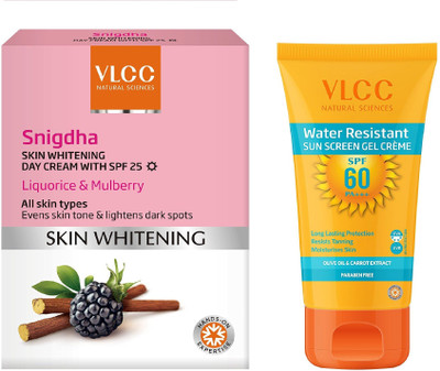 

VLCC Skin whitening snigdha day cream spf 25 50gm + Water resistant Spf60 sunscreen gel cream 100gm(Set of 2)