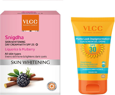 

VLCC Skin whitening snigdha day cream spf 25 50gm + Matte look depigmentation sunscreen gel cream SPF 30 50gm(Set of 2)