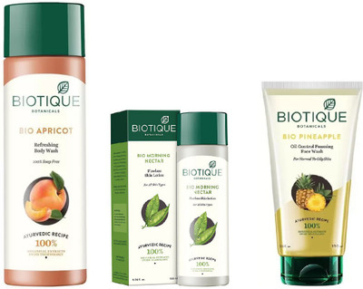 

BIOTIQUE BIO Pineapple Oil Control Foaming Face Wash, Morning Nectar Flawless Skin Moisturizer, Apricot Refreshing Body Wash(Set of 4)
