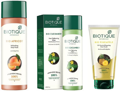 

BIOTIQUE BIO Apricot Refreshing Body Wash, Cucumber Pore Tightening Toner, Pineapple Oil Control Foaming Face Wash(Set of 3)