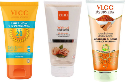 

VLCC Fair glow sun screen Lotion spf 20 50ml + Walnut scrub 80gm + Chandan & Kesar face wash 100ml(Set of 3)
