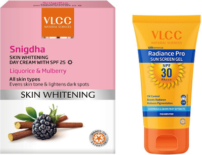 

VLCC Skin whitening snigdha day cream spf 25 50gm + radiance pro Sunscreen gel Spf 30 50gm(Set of 2)