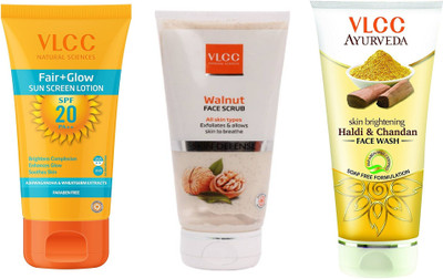 

VLCC Fair glow sun screen Lotion spf 20 50ml + Walnut scrub 80gm + Haldi chandan Fcae wash 100ml(Set of 3)
