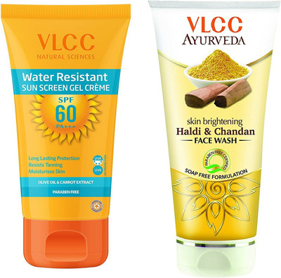 

VLCC Water resistant Spf60 sunscreen gel cream 100gm + Haldi chandan face wash 100ml(Set of 2)
