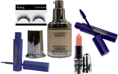 

styling Eyelashes & Mac mineralize moisture Spf 15 foundation 40ml , Mac Padma Eyeliner & Mascara , Brooke Candy Lipstick(Set of 5)